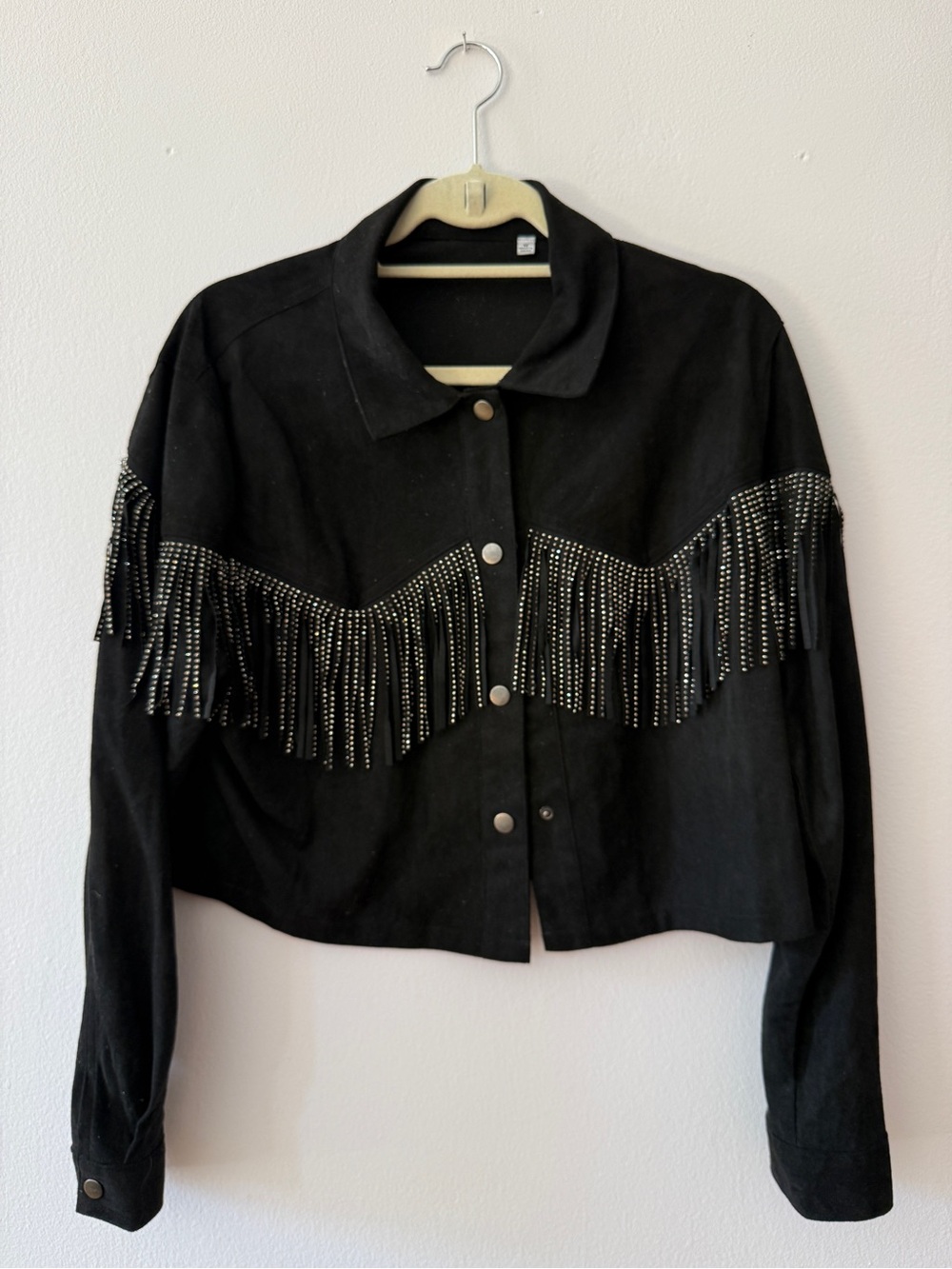 Vintage Black Rhinestone Fringe Suede Jacket